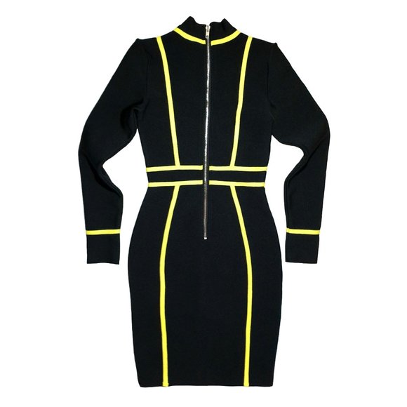 Athina Black & Yellow Outlined Bandage Long-Sleeve Rayon Dress Size Small - Picture 5 of 12